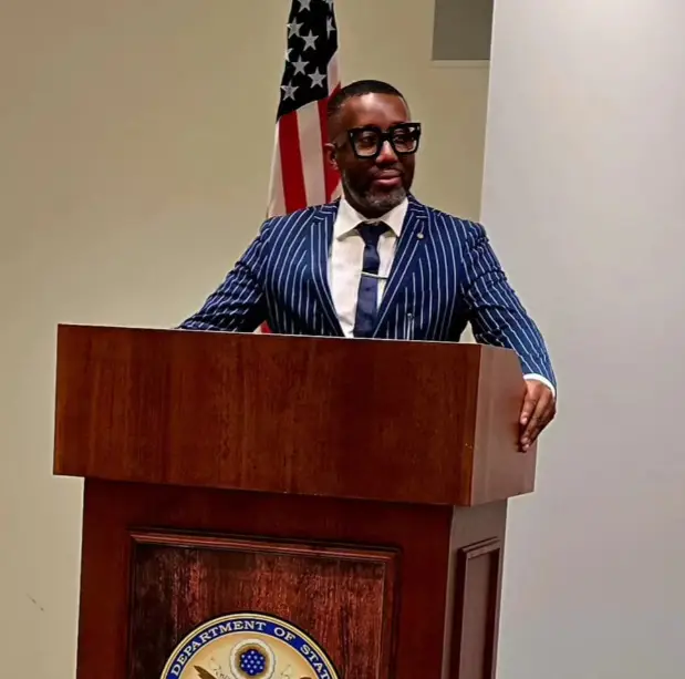 Kevin Bennett talks at the U.S. Embassy